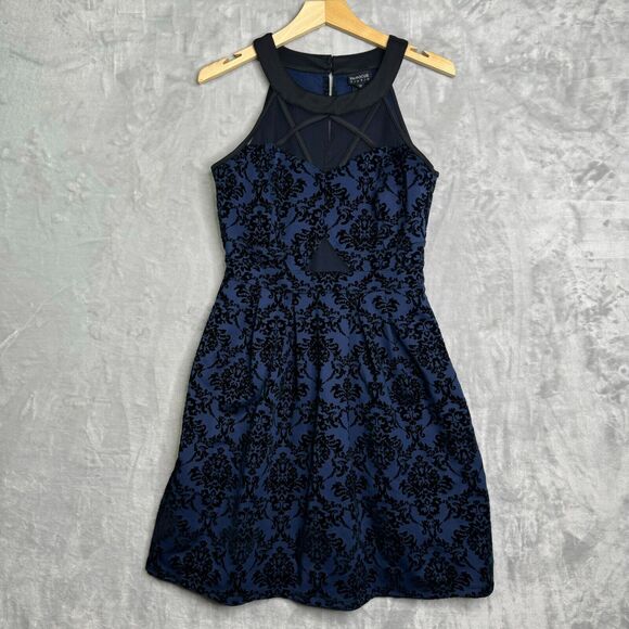Enfocus Studio Dress Womens 10 Blue Damask Cut Out Velvet Fit & Flare Halter - Picture 1 of 12